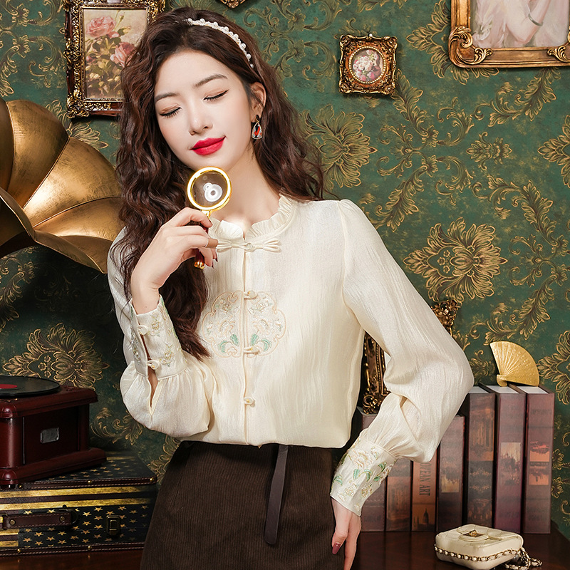 New Chinese Style Chiffon Shirt Female Spring Outfit 2024 New Design Sense Disc Buckle Stand Collar Embroidery Super Fairy Top Specification drawing