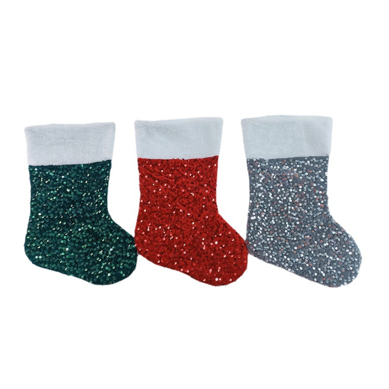 Cheung Chau Christmas Cross-Border New Sequin Christmas Socks Christmas Decorations Red Green Grey Beads Christmas Gift Bag Wholesale Christmas Socks