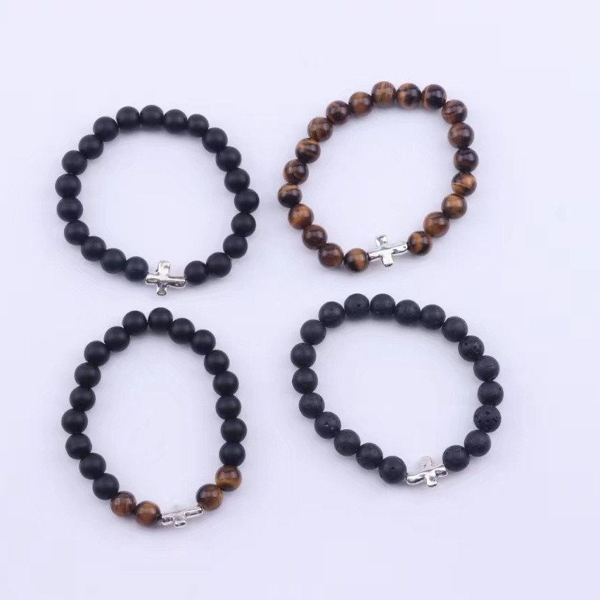 Europe And The United States Foreign Trade Hot Fashion High-Grade Natural Stone Volcanic Stone Tiger Eye Stone Men's Bracelet Personality Handmade Beaded Cross Hand String Couple Gift Manufacturers Wholesale Application Scenario