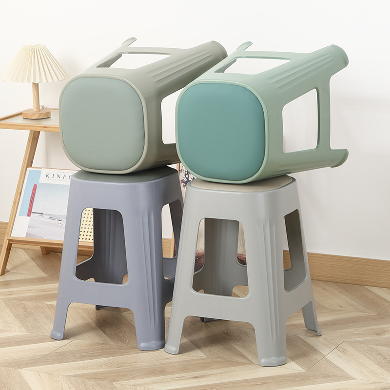 厂家直发塑料加厚凳子可叠放商用软包高板凳客厅餐桌椅子成人方凳