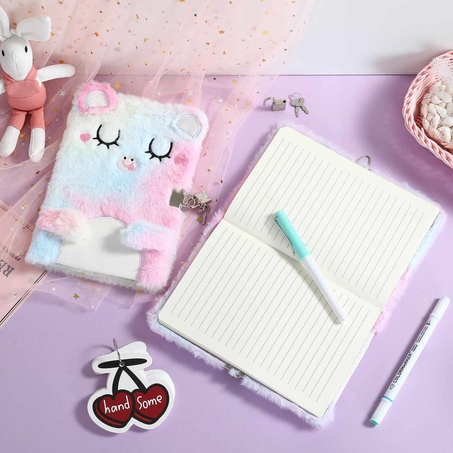 Qianyu Culture Cartoon Cat With Lock Plush Diary Children Gift Little Princess With Lock Notebook Student Girl Notebook Application Scenario