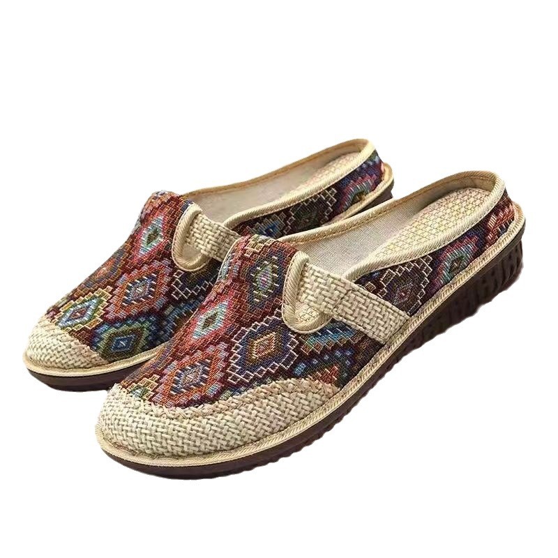 National trend, national trend, national trend 2025 summer Ethnic style, old Beijing cloth shoes, flip-flops, breathable women's shoes, linen national style half slippers, Hanfu shoes, national trend, national trend Item Picture