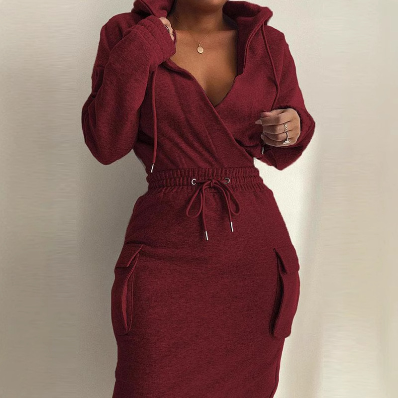 Pocket sweatshirt skirt waist tie long-sleeved casual dress details Picture