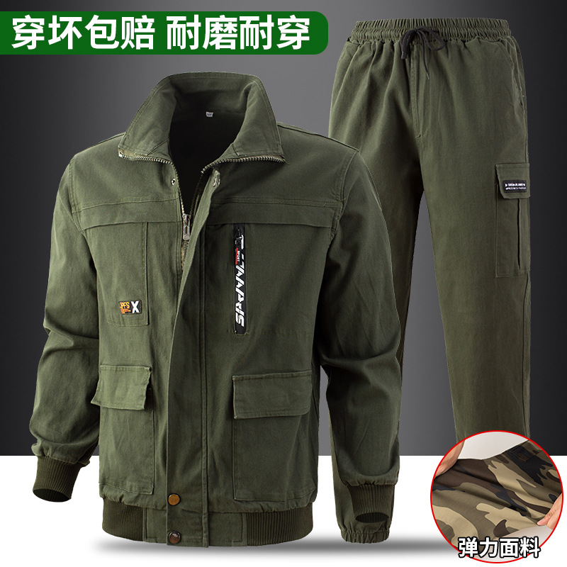 All-cotton work clothes, men's suits, spring and autumn elastic camouflage clothes, labor protection clothes, work clothes, welders, multi-pocket casual large sizes