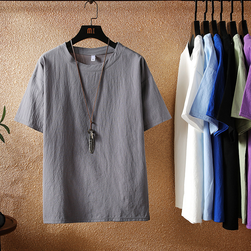 Summer cotton and linen men's Chinese-style solid-color linen loose large-sized short-sleeved T-shirt, Japanese-style half-sleeved trendy brand T-shirt, Chinese trend