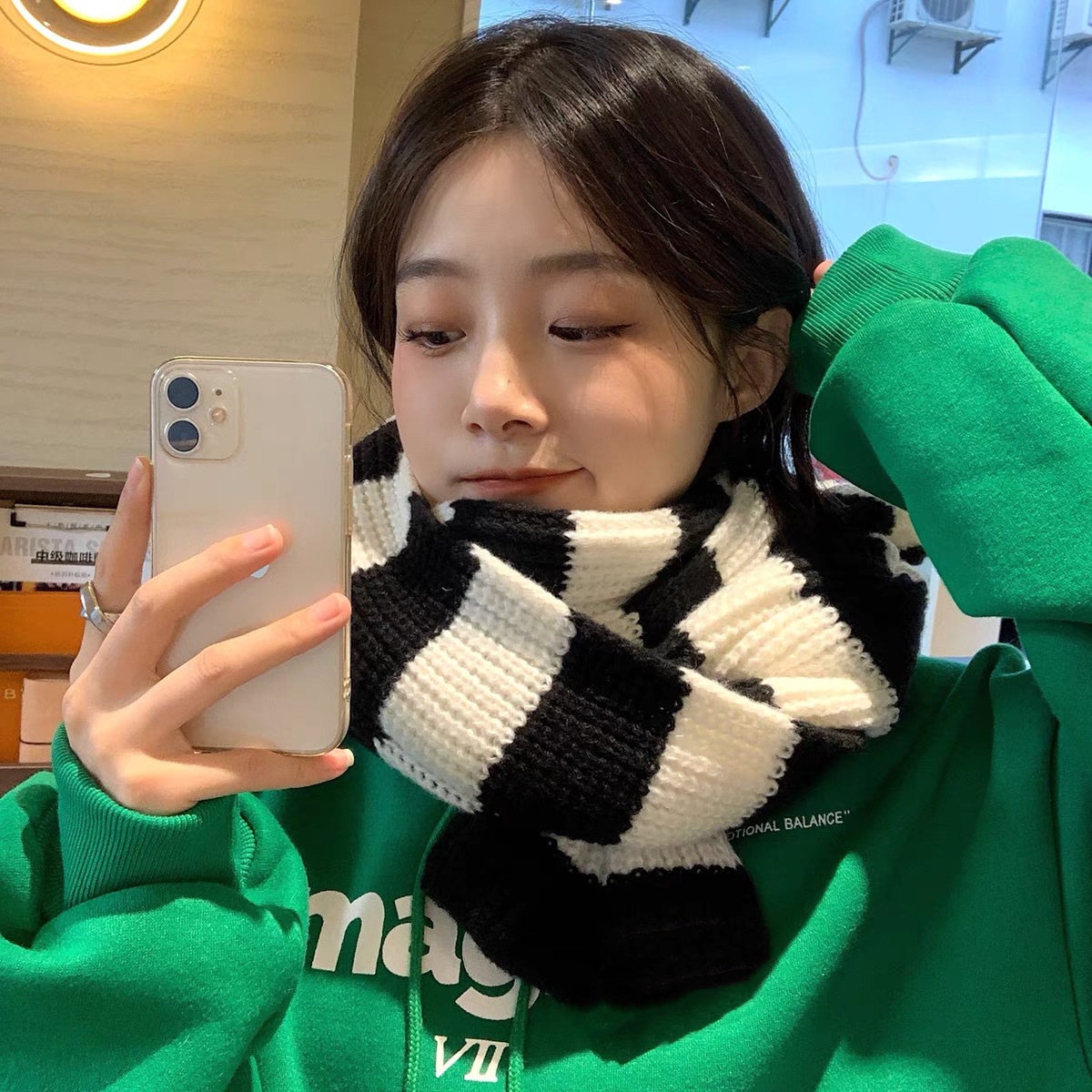 Korean Version Of The New Woolen Scarf Women's Autumn And Winter Day All Match White Warm Color Striped Knit Couple Neck Application Scenario
