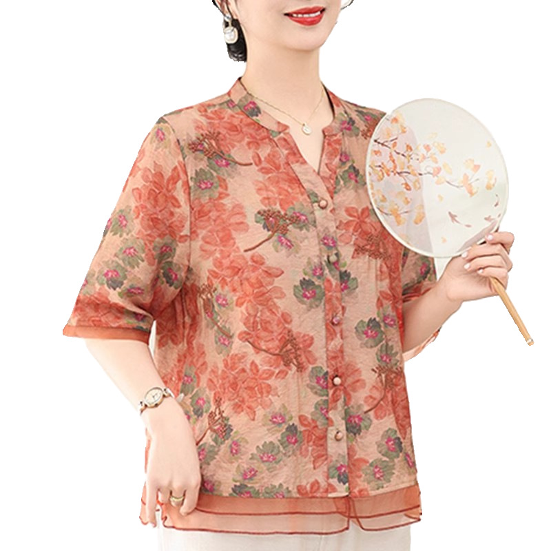 Mom's summer printed top, middle-aged thin shirt, 2025 new style summer T-shirt for middle-aged and elderly women, stylish set Item Picture