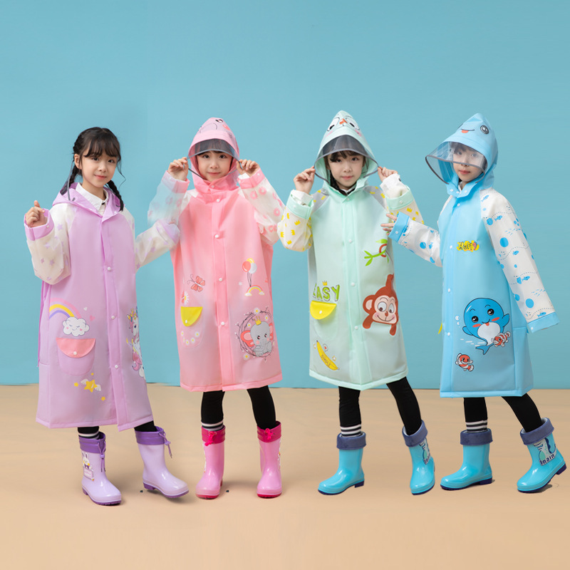 New Children's Raincoat With Backpack Position Eva Children's Raincoat Reflective Strip Thickened One-Piece Raincoat Animal Pattern