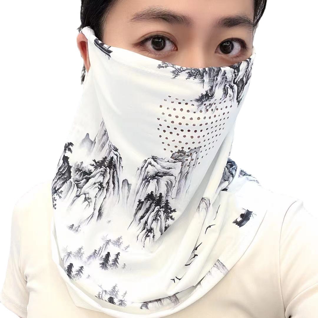 Summer sun protection and shading face mask, women's Chinese-style ink-wash outdoor full-face neck protection and neck wrap, one-piece ice silk ear-hanging Item Picture