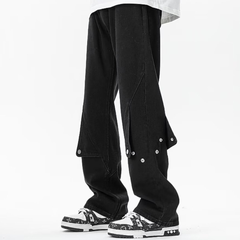 FUIV men's high street jeans with a button-up design, a niche black long pants, slim-fit, loose, straight-leg trendy pants Application Scenario