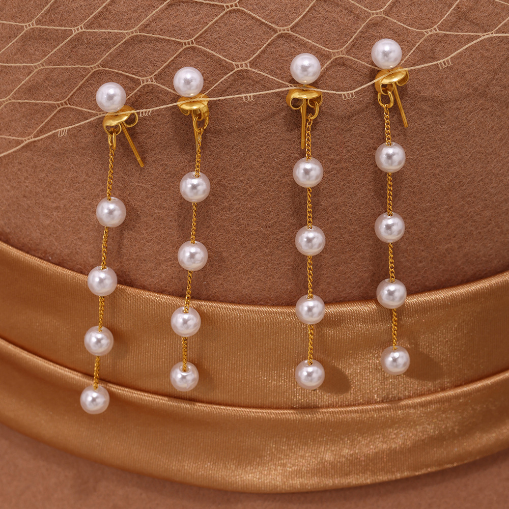 Mili's new lustrous beaded earrings, round face slimming and elegant, long tassel ear thread stainless steel earrings, popular on the Internet details Picture