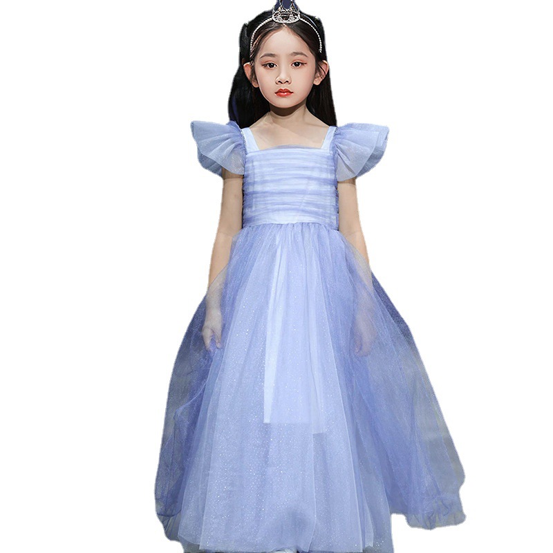 2022 New Korean-style dreamy starry sky blue girl's flying sleeve princess dress, girl's glittering net tulle puffy dress, birthday dress Item Picture