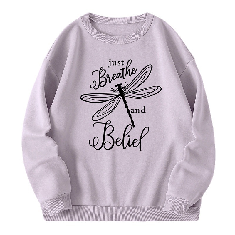 Hot-selling large-sized hoodie with a round-neck and fleece print featuring dragonfly letters for women Item Picture