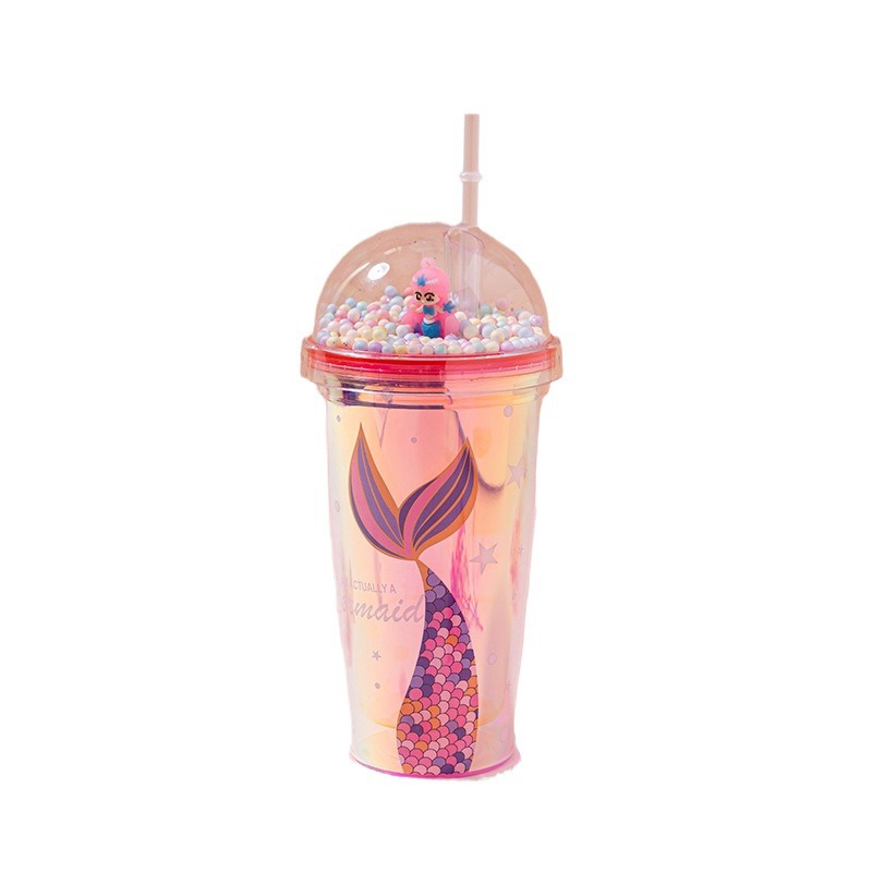 Cross-Border Sales Of Double Plastic Straw Cup Creative Cartoon Mermaid Laser Plastic Cup Net Red Micro Landscape Water Cup Item Picture