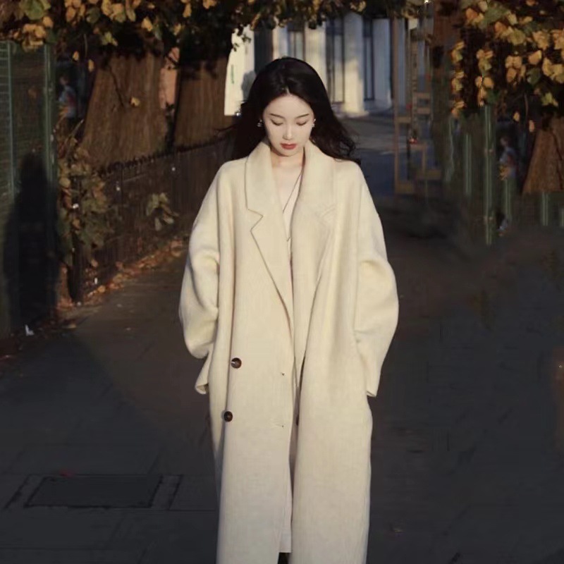 韩版休闲翻领大衣2024新款双排扣茧型双面羊毛大衣女百搭毛呢外套