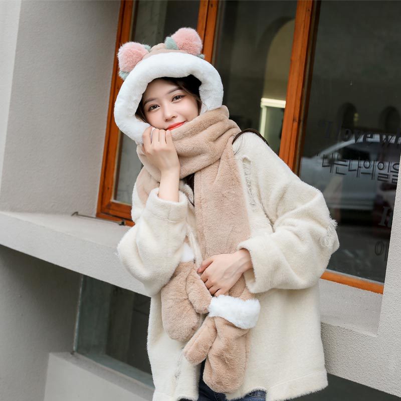 Warm hat for women, sweet and cute in autumn and winter. Winter cartoon scarf in one piece. Korean-style ear-protecting gloves in three pieces. Trendy