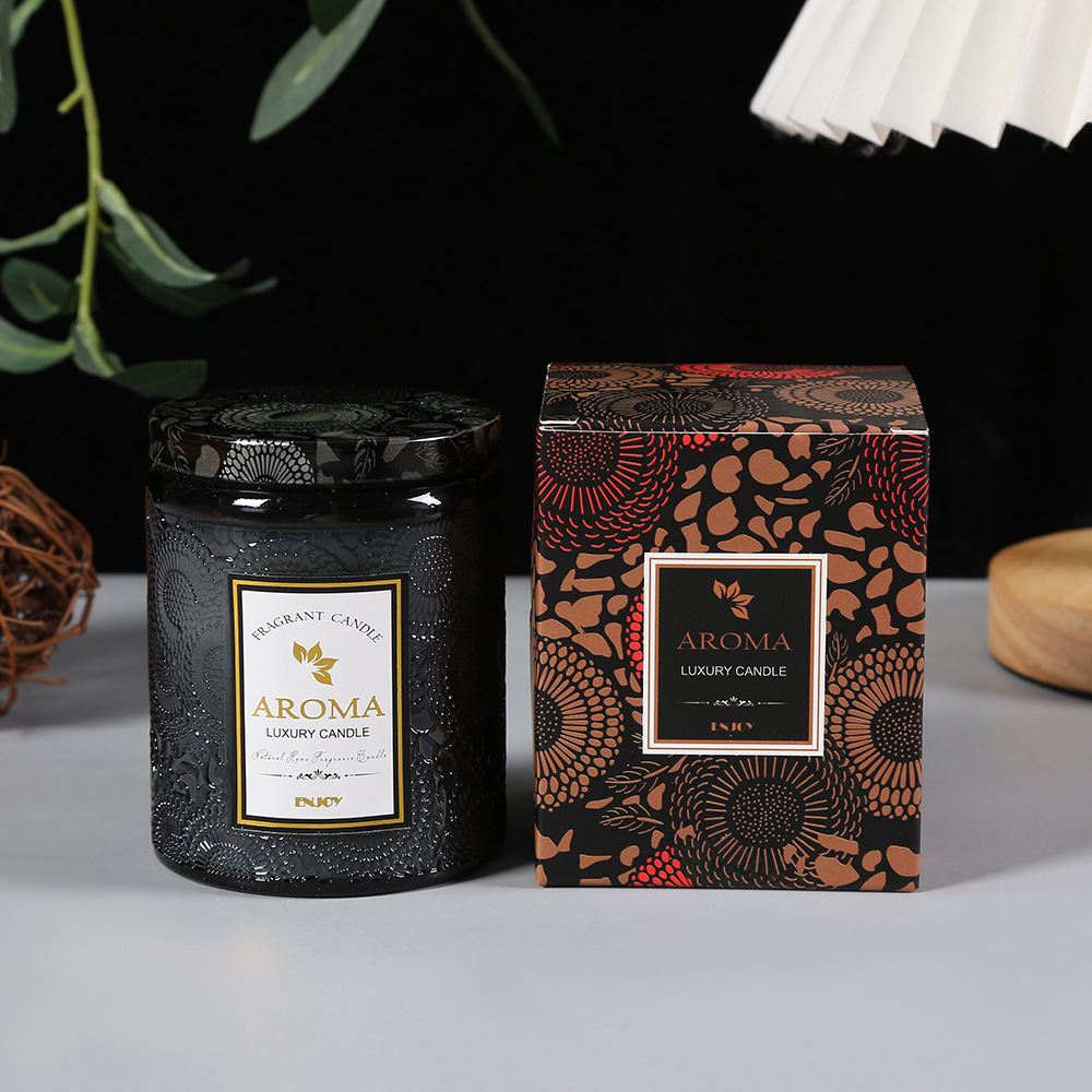 Embossed scented candle, sunflower-patterned colored glass bottle, candle cup, household scented long-lasting souvenir cup wax Specification image