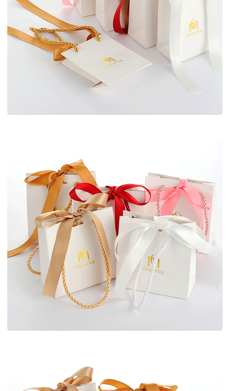 The cross-border bestseller white hand-held paper bag jewelry packaging has been replaced with a ribbon bow, a commercial small gift bag with a high appearance level pic 10