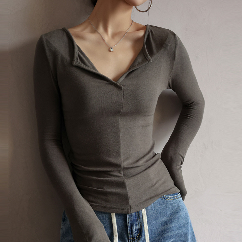 High Quality Modal Autumn/Winter V-Neck Base For Women With A Design Top White Long-Sleeved T-Shirt Base Specification drawing