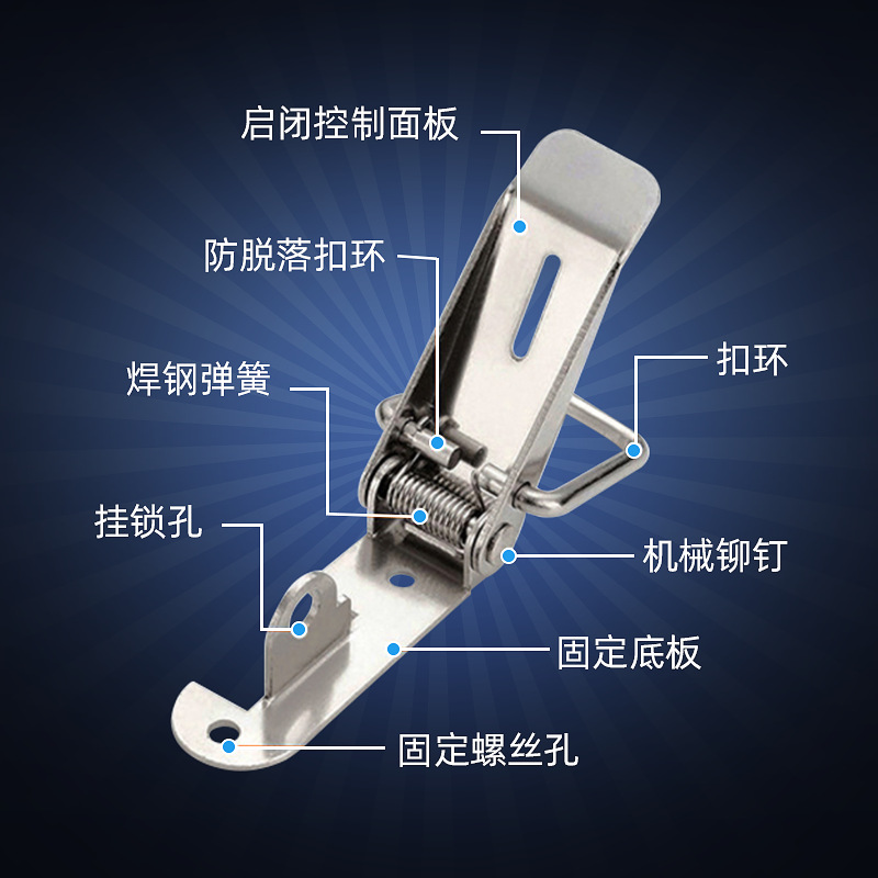 铁镀镍304不锈钢鸭嘴扣弹簧扣锁扣工具箱扣 通用箱包五金配件锁扣细节图