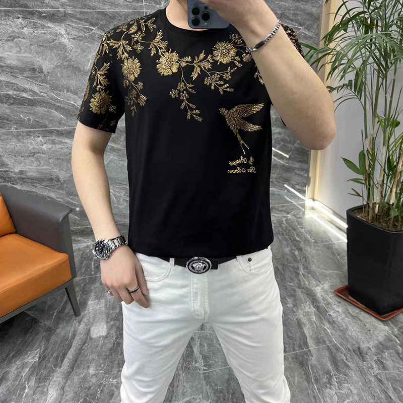 23093潮流时尚男士夏季短袖T恤轻奢烫钻洋气小伙修身圆领薄款半袖