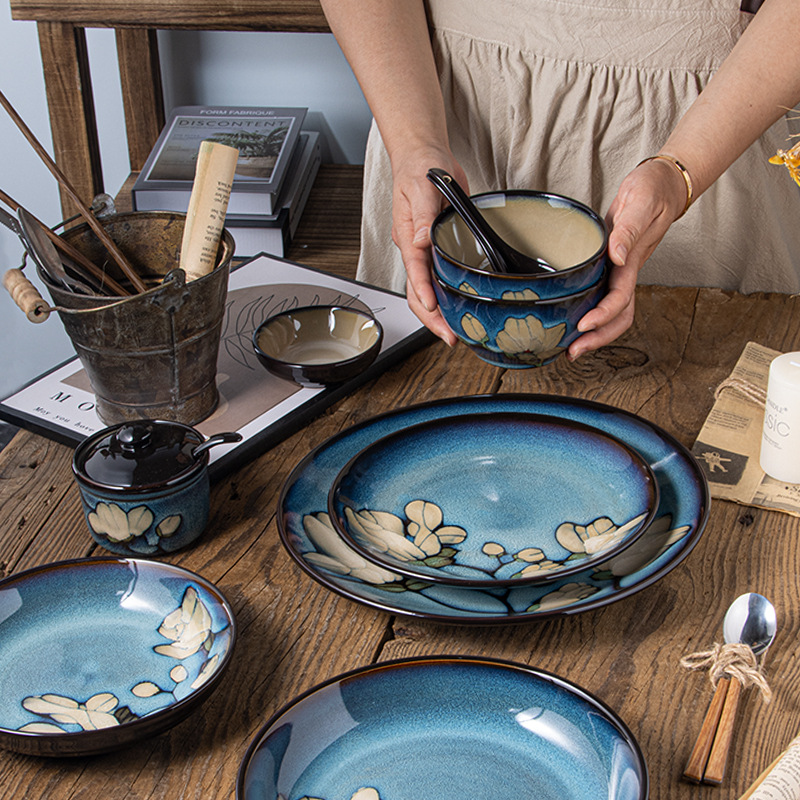 Japanese-style tableware, kiln transformation underglaze color magnolia flower hand-painted plate set, fish plate, household plate, rice bowl, creative noodle bowl
