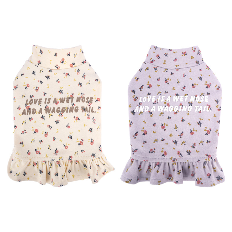 Wholesale of pet autumn and winter base shirts, thick teddy bichon Frise small dog clothes, with floral prints on the outside and skirts on the inside details Picture