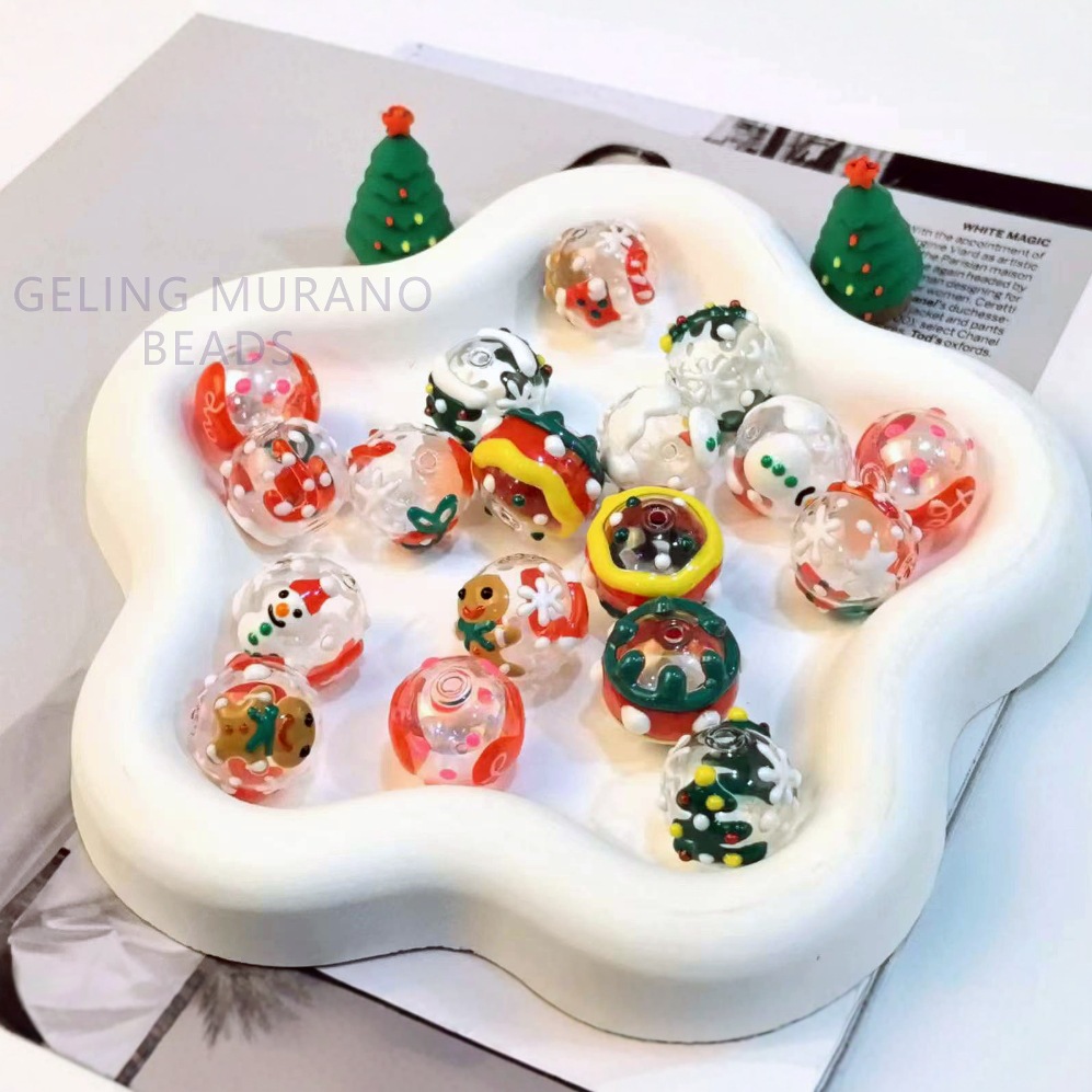 圣诞节手绘趣味卡通雪人琉璃直孔串珠子DIY饰品耳环配件材料批发