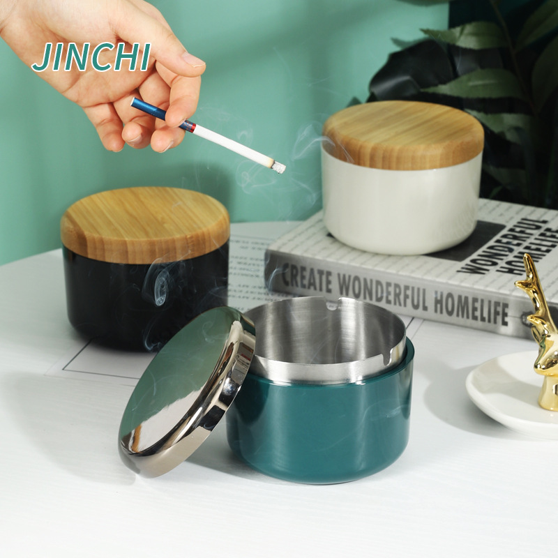 不锈钢烟灰缸 一件代发北欧ins风烟缸带盖防风不锈钢烟盅 烟灰缸