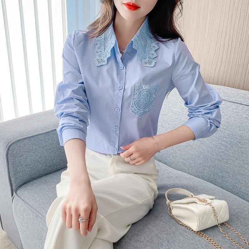 春秋季2025年新款女装时尚减龄纯棉衬衫女洋气全棉蕾丝领休闲上衣