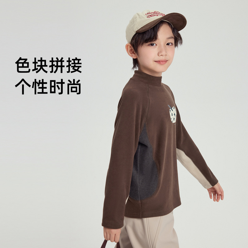 Pudding Haru Children's T-shirt 2025 Winter New Style Children's fleece base layer, round neck semi-high neck boys' long-sleeved details Picture