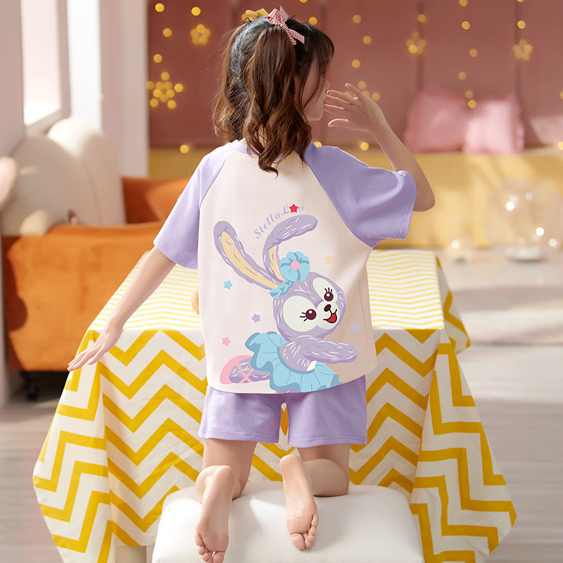 Children's pajamas, girls' summer short-sleeved pure cotton mother-daughter cartoon girl princess, Big and small children's baby home wear set details Picture