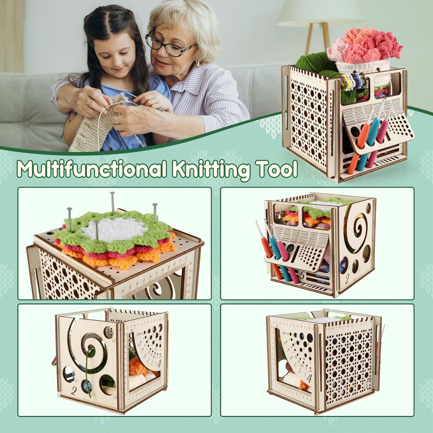 Amazon's One-Piece Wooden Yarn Bowl Multi-Functional Knitting Tool Storage Box Home Yarn Rack Specification drawing