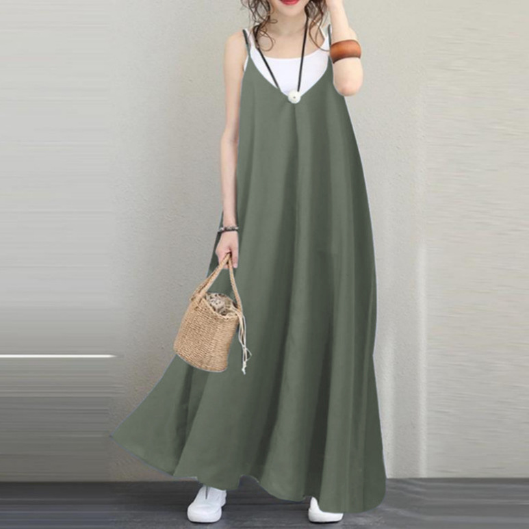 Four-color casual loose solid dress for women, V-neck backless sexy long dress, sleeveless women's party dress details Picture