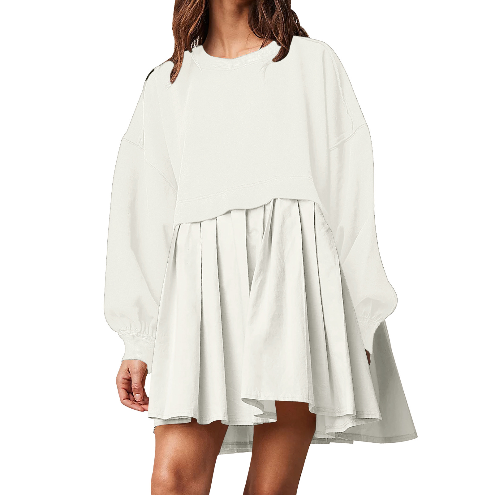 The 2024 cross-border European and American autumn and winter new women's clothing solid-color long-sleeved patchwork loose pleated sweatshirt dress Specification drawing
