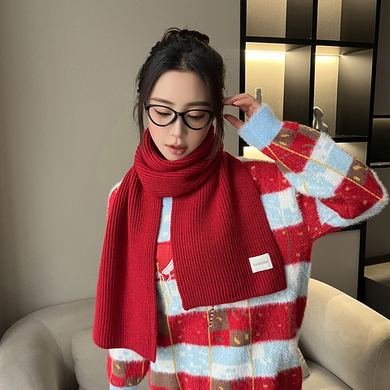 红色毛线围巾女冬季氛围感韩版百搭学生冬天保暖纯色加厚针织围脖详情6