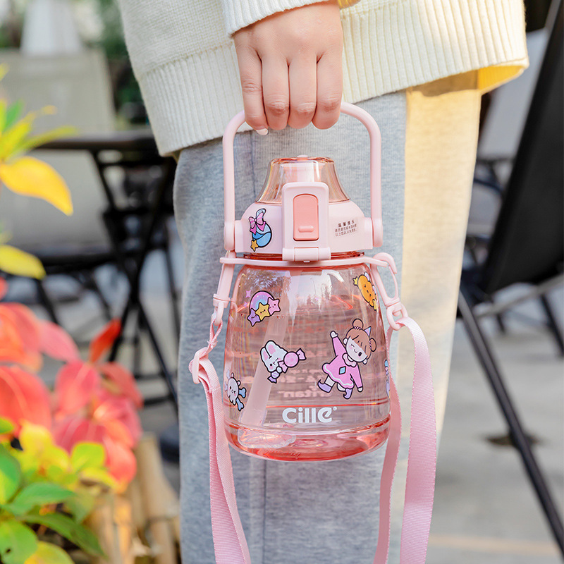 Hille Tritan Plastic Water Cup Portable Large Capacity Cute Pot Belly Cup Outdoor Bouncing Cap Straw Cup details Picture
