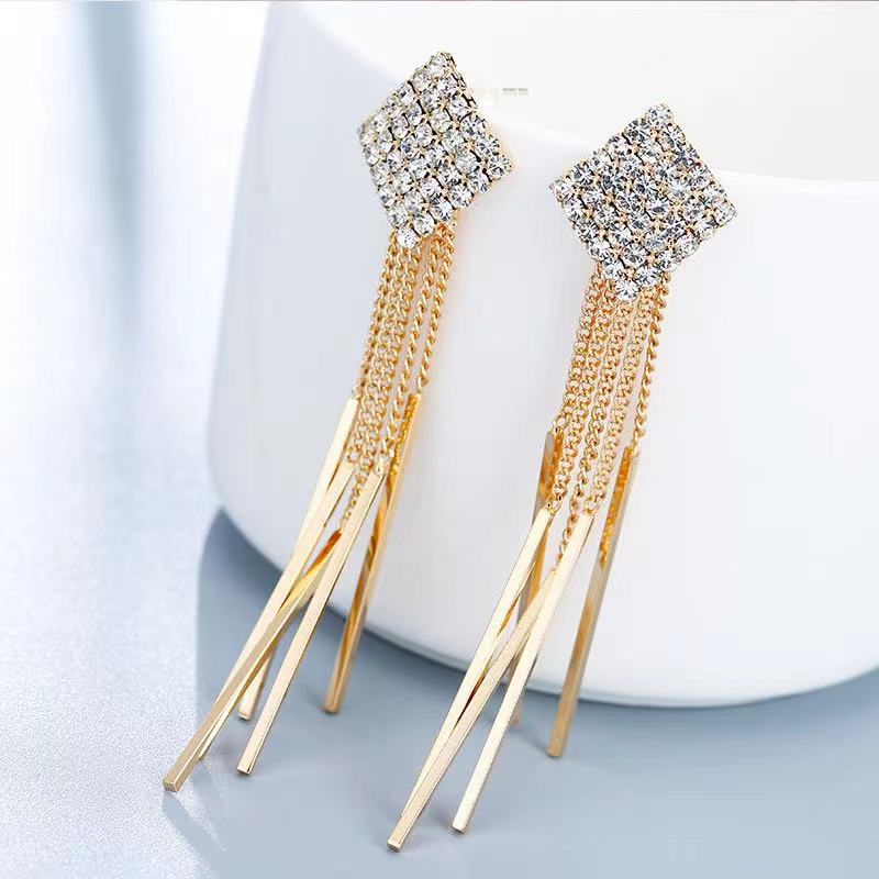 爆款韩国菱形流苏长款镶钻超仙耳环女简约时尚气质耳钉高级感耳饰