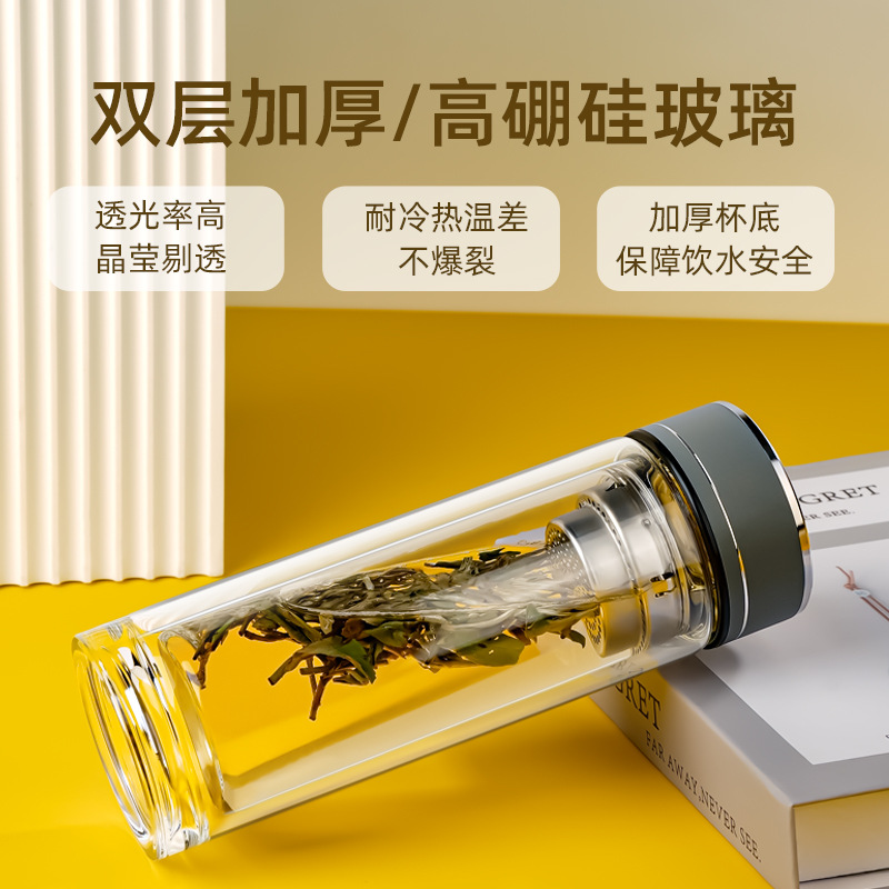 简约双层玻璃杯男女士家用办公便携玻璃水杯带盖透明隔热泡茶杯子