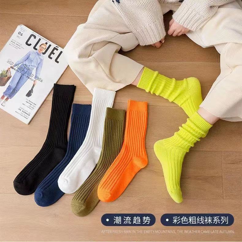 Socks Men Yue Wenle Double Needle Thick Thread Solid Color Mid-Tube Socks Autumn Winter Vintage Cotton Sports Stockings Factory Wholesale details Picture