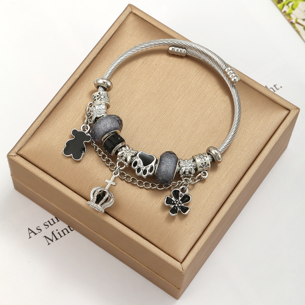 Oly Magic Bracelet 6784 Diy Open Adjustable Stainless Steel Titanium Steel Bracelet Bear Crown Pendant Bear Paw Beaded Jewelry Bracelet Wholesale details Picture