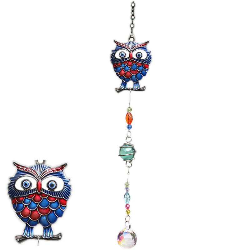 Crystal Wind Chimes Hanging Door Ornaments Creative Metal Owl Pendant Garden Patio Crystal Ball Decorative Gift Cross-Border