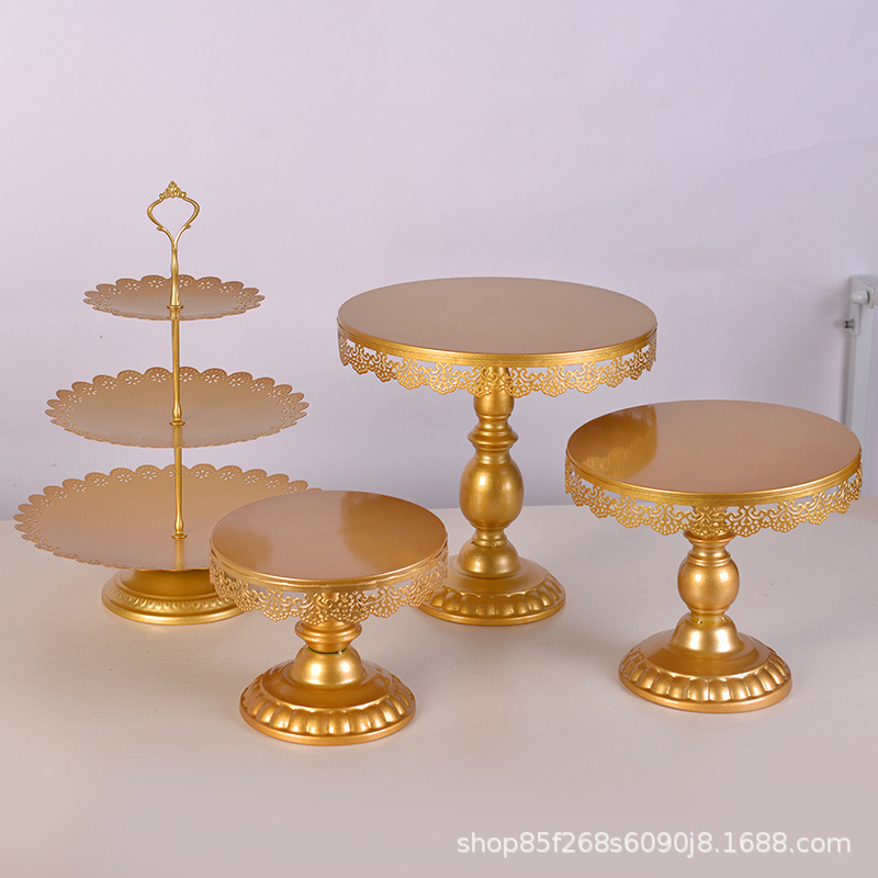 Golden Cake Stand Wedding Props Light Luxury European Dessert Tray Metal Three-Piece Party Decoration Package details Picture