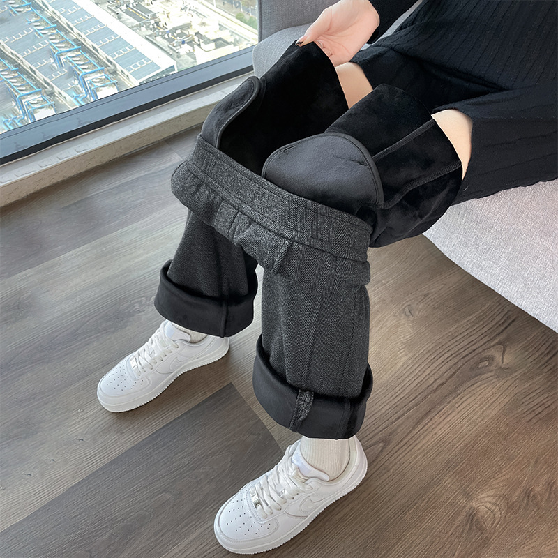 【2471】 Women's autumn and winter new straight-leg pants, high-waisted thickened women's long pants, hermetic fleece wide-leg pants details Picture