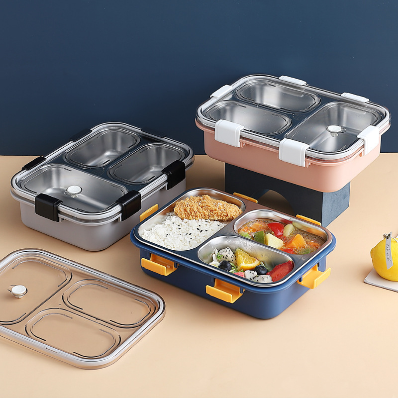 Forma cuatro hebillas de acero inoxidable triple caja de almuerzo