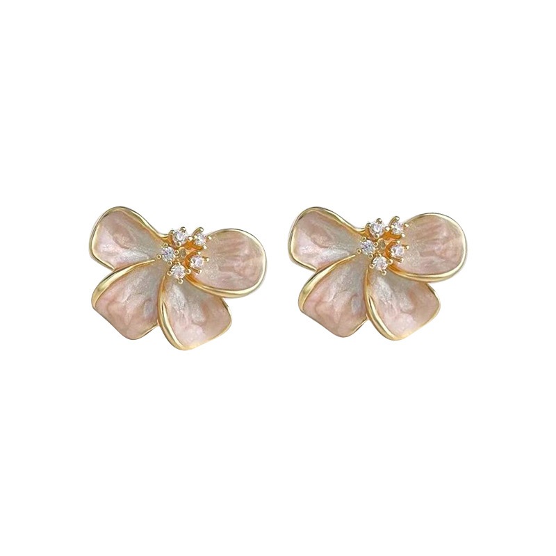 New spring and summer pink enamel flower stud earrings, pure silver needle unique earrings, high-end women's light luxury niche earrings Item Picture