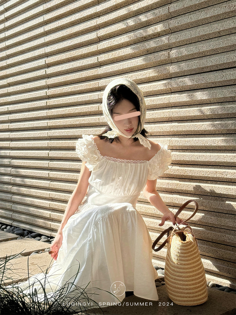 Lu Qingyi [Pear Blossom Snow] Watercolor Floral Dress for Women's Summer French puffed sleeves New Chinese-style long dress Specification image