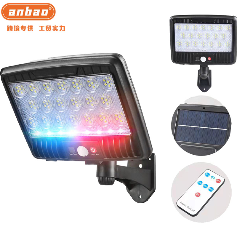 New cross-border 152-lamp LED red and blue warning signal light, solar charging wall lamp, rural street lamp with remote control