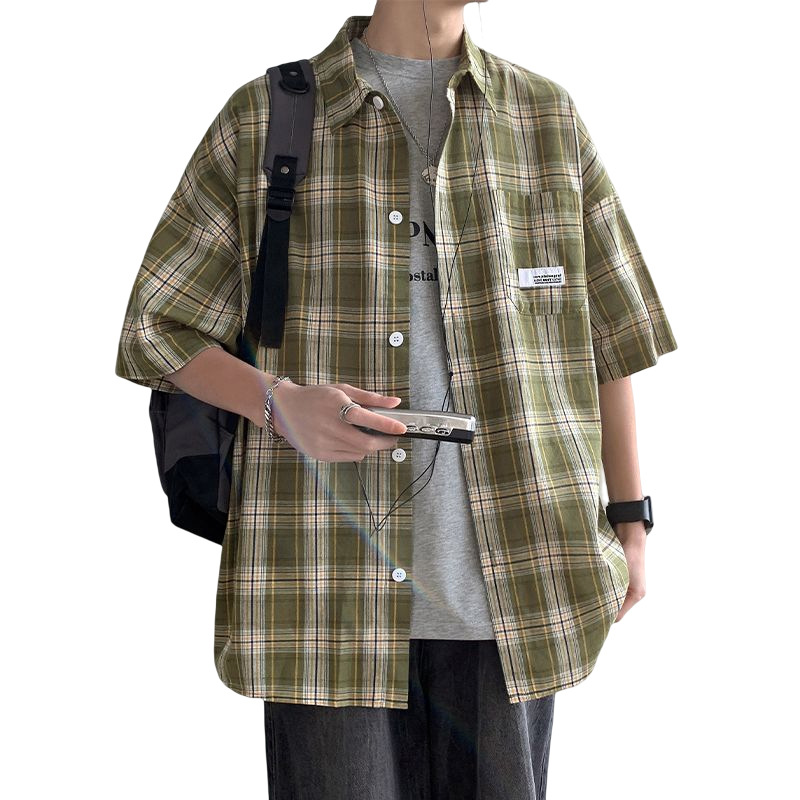 Summer new men's checkered shirt, Japanese style shirt, trendy brand five-quarter sleeve top, Hong Kong-style men's coat, inch shirt for men Item Picture