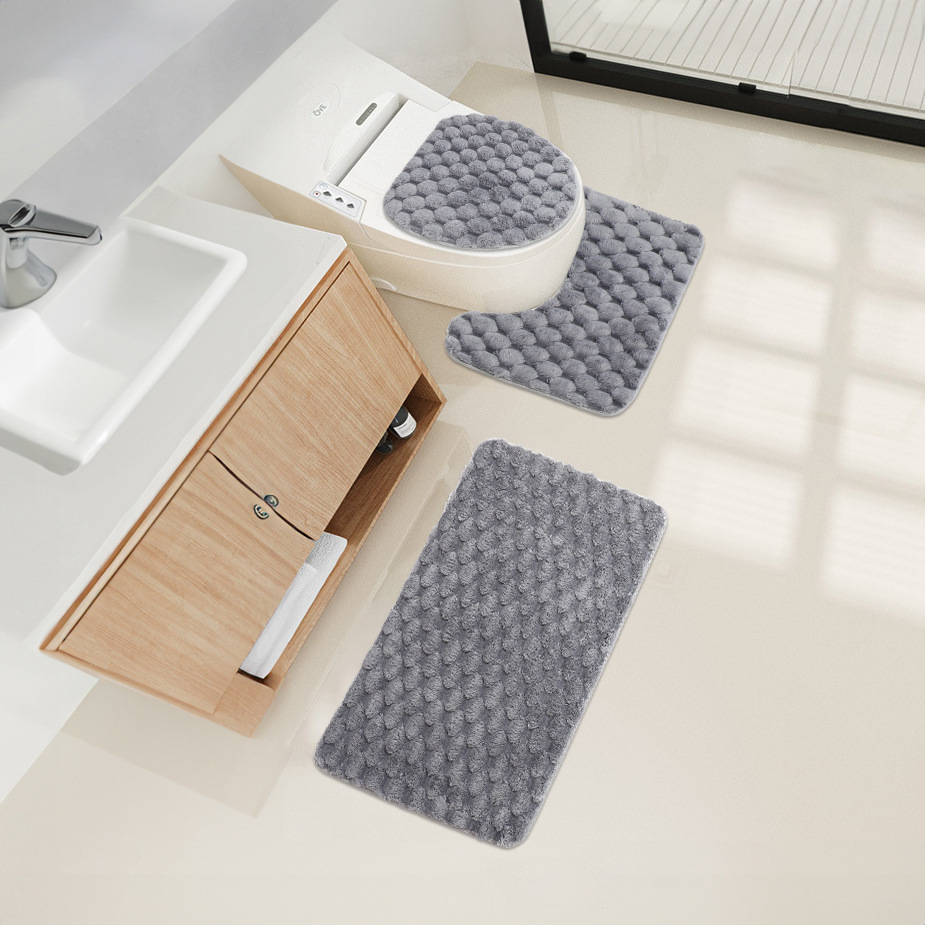 Modern cross-border minimalist style solid color Ruixuerong three-piece set combination bathroom floor mat, bathroom supplies anti-slip mat details Picture